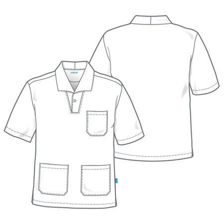 Witte De Berkel FRITZ unisex hes met korte mouwen, borstzak en twee voorzakken, stevige stof.