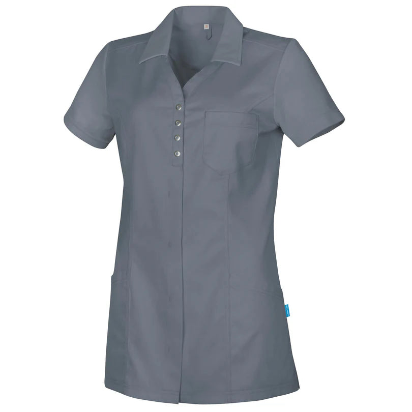 Donkergrijs De Berkel SONIA damesjack in piqué, met korte mouwen, borstzak en knoopsluiting.