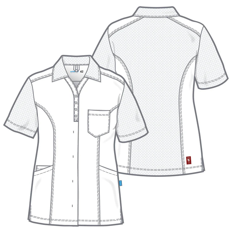 De Berkel SONIA Damesjack piqué turquoise, korte mouwen, borstzak, twee voorzakken, knoopsluiting, fijne textuur.