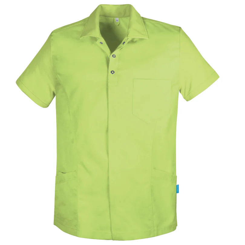 Anijsgroen De Berkel SOLAS unisex jack, korte mouwen, piqué stof, borstzak, drukknoopsluiting, twee heupzakken.