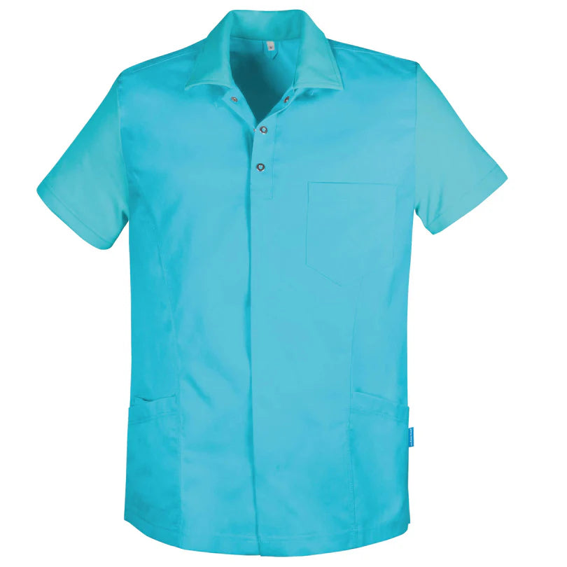 Turquoise De Berkel SOLAS unisex jack met korte mouwen, piqué stof, borstzak en drukknopen.