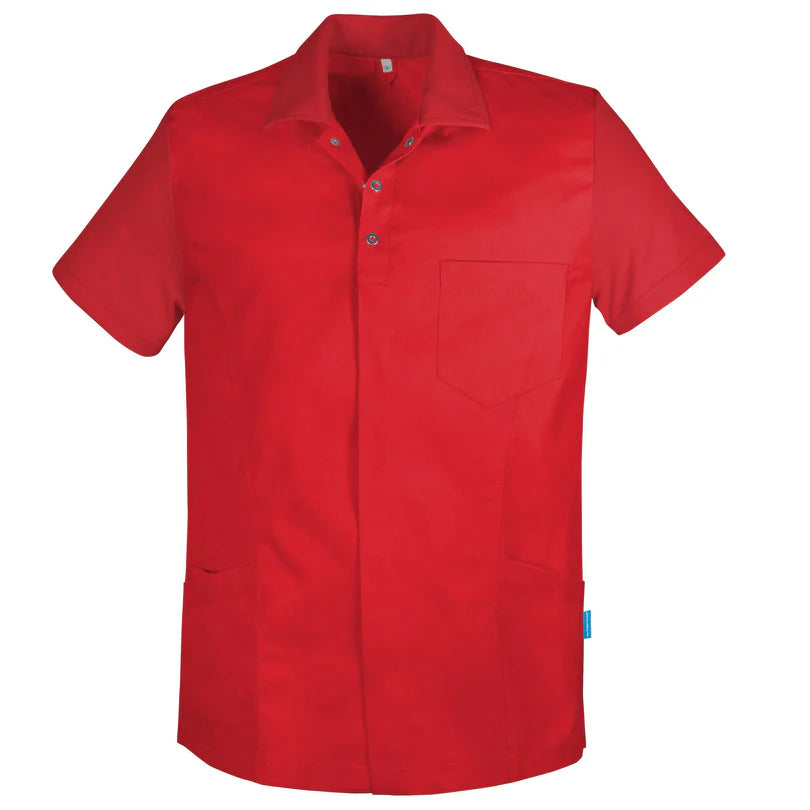 De Berkel SOLAS Unisex jack Piqué rood met korte mouwen, borstzak en drukknoopsluiting.