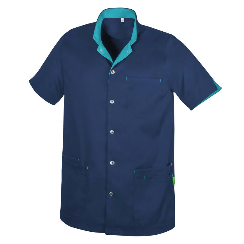 De Berkel REMKO unisex jack, marineblauw met turquoise kraag, Tencel stof, borstzak en knoopsluiting.