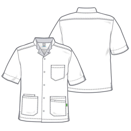 De Berkel REMKO unisex jack Tencel met korte mouwen, knopen, borstzak en voorzakken, marine/turquoise details.