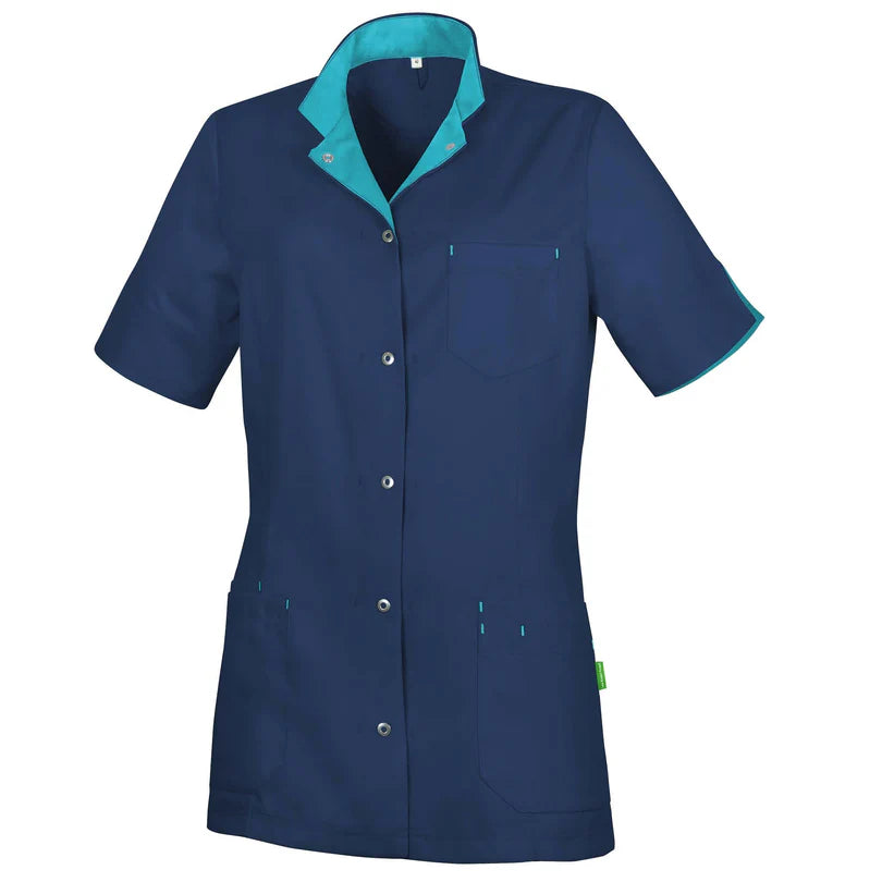 De Berkel RITA damesjack Tencel marine met turquoise accenten, korte mouwen, borstzak en drukknoopsluiting