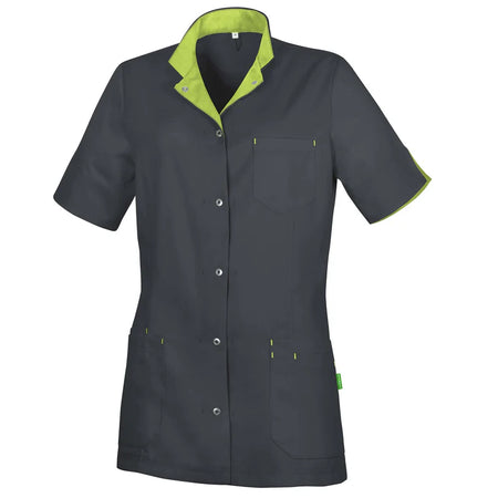 De Berkel RITA damesjack, antraciet met anijsgroene accenten, knopen en borstzak, gemaakt van Tencel.