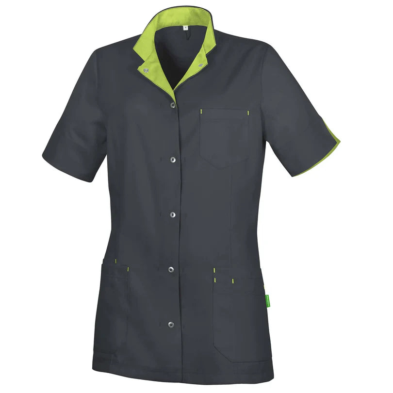 De Berkel RITA damesjack, antraciet met anijsgroene accenten, knopen en borstzak, gemaakt van Tencel.