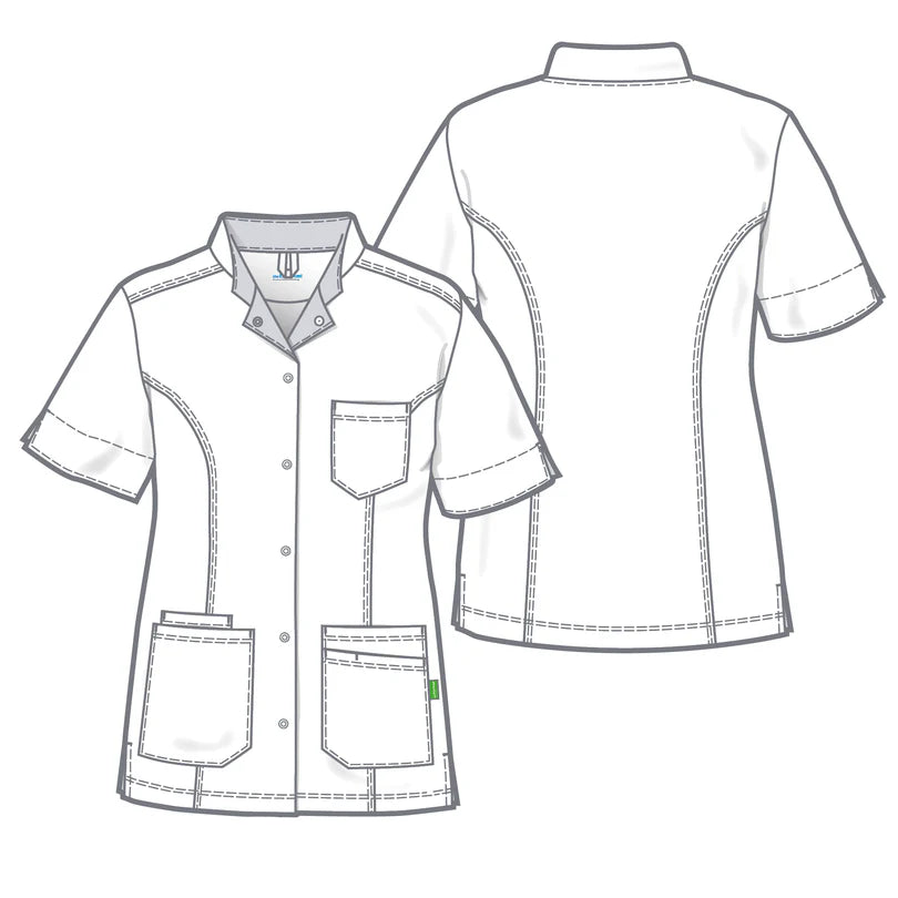 De Berkel RITA damesjack Tencel turquoise met marine accenten, korte mouwen, borstzak en twee voorzakken.