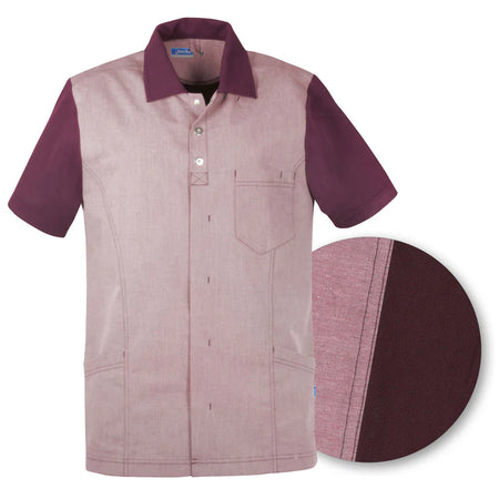 De Berkel FELIX unisex jack bordeaux met borstzak en korte mouwen, contrasterende kraag en knopen, fijne textuurstof.