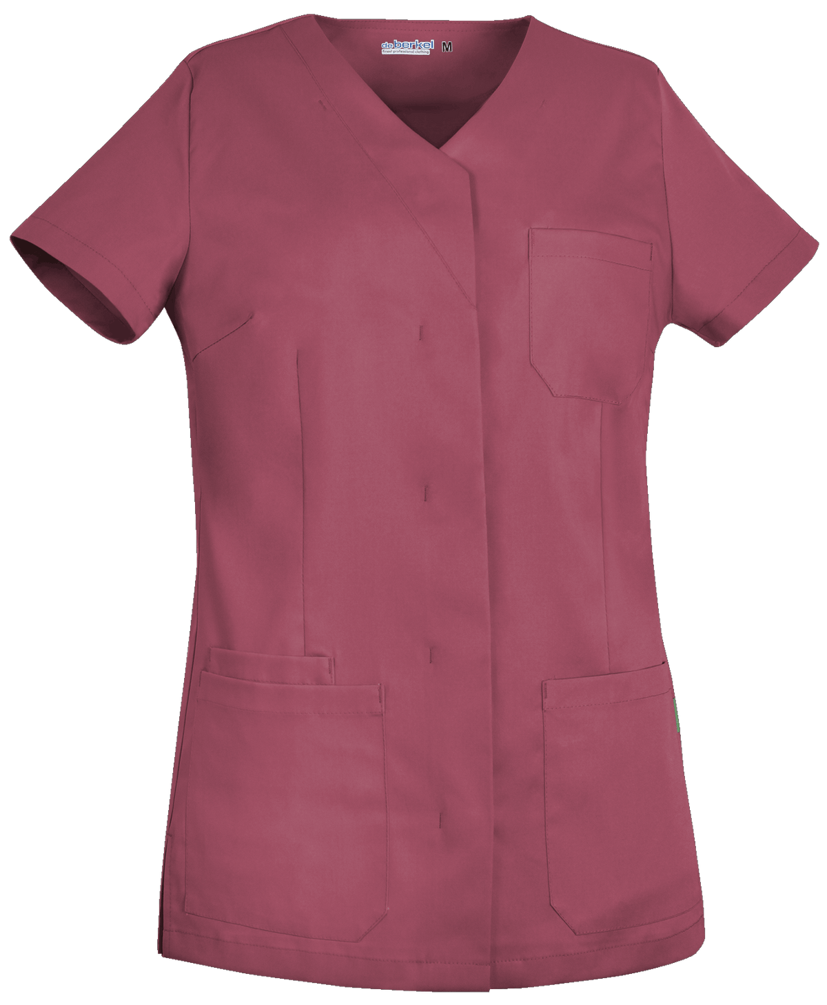 Bessenrood De Berkel LEA damesjack met korte mouwen, drie zakken en V-hals, gemaakt van duurzaam polyester.