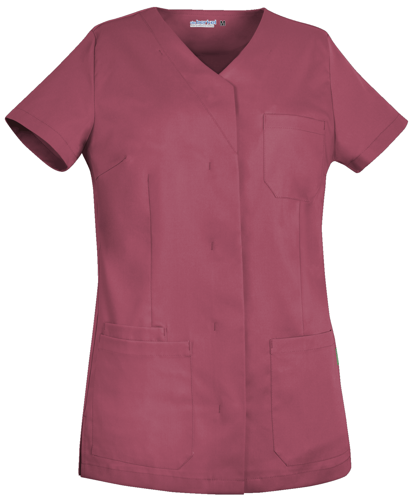 Bessenrood De Berkel LEA damesjack met korte mouwen, drie zakken en V-hals, gemaakt van duurzaam polyester.