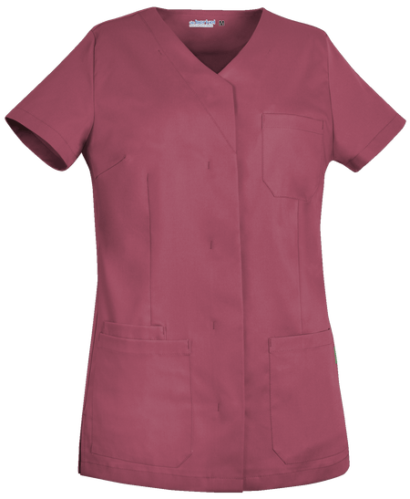 Bessenrood De Berkel LEA damesjack met korte mouwen, drie zakken en V-hals, gemaakt van duurzaam polyester.