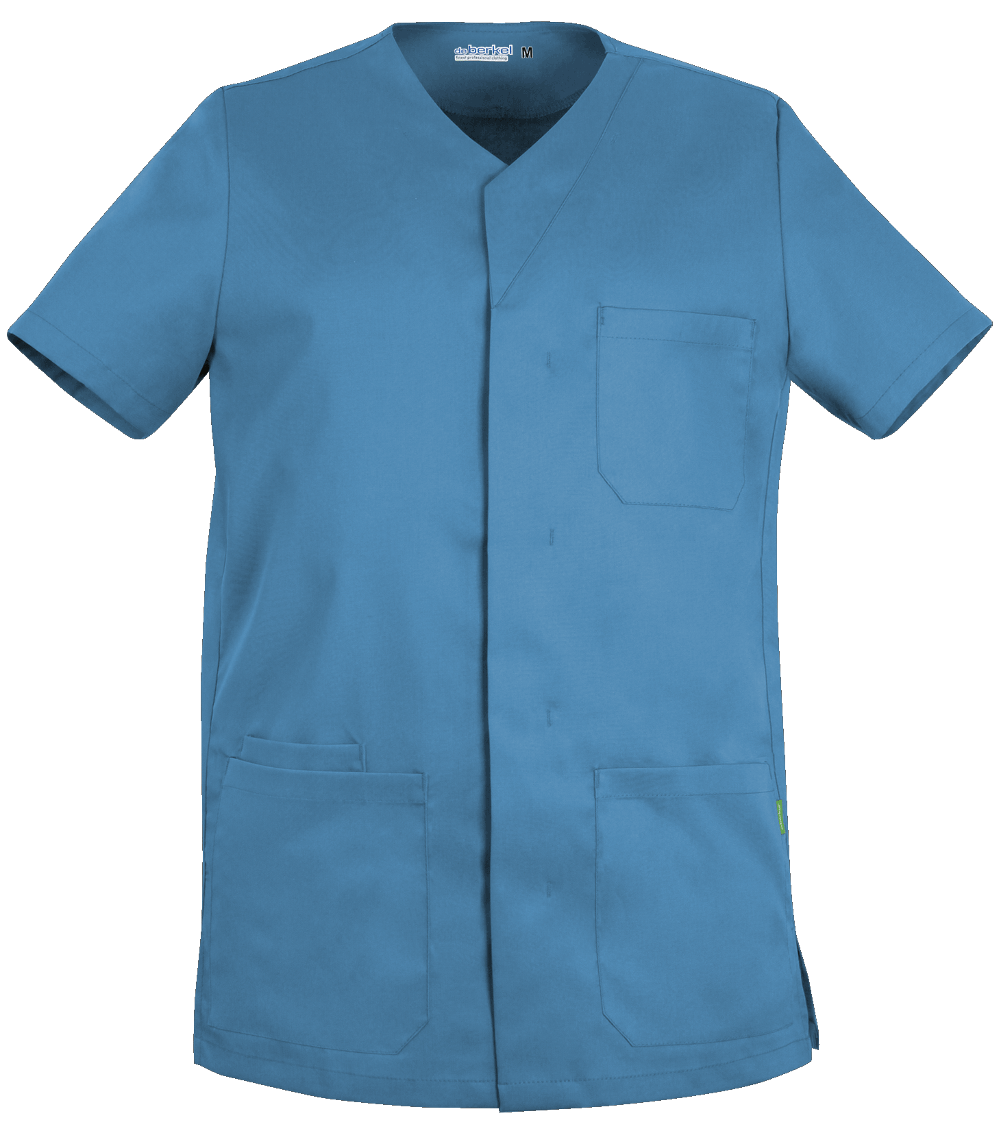 Lichtblauw De Berkel LEO unisex jack met korte mouwen en drie zakken, V-hals en knooploze sluiting.