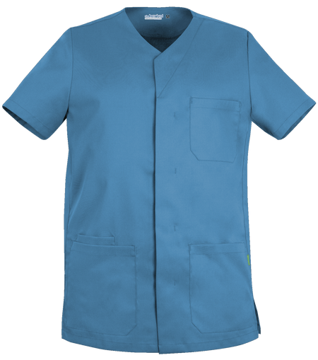 Lichtblauw De Berkel LEO unisex jack met korte mouwen en drie zakken, V-hals en knooploze sluiting.
