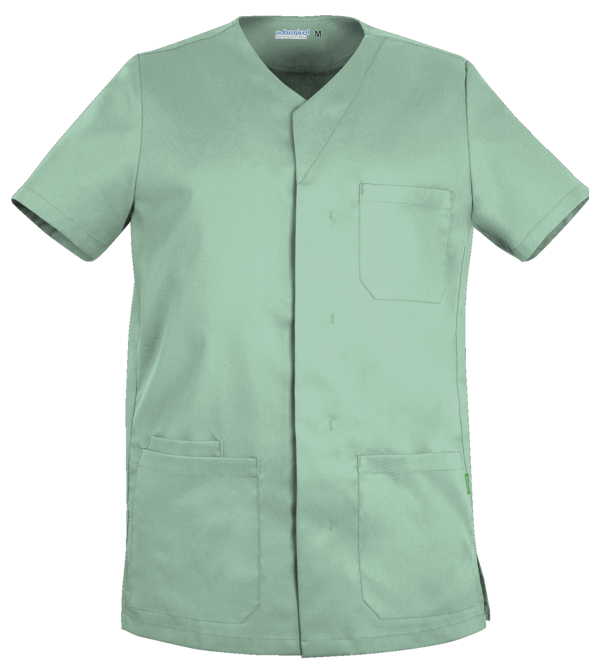 De Berkel LEO unisex jack lichtgroen met korte mouwen, drukknoopsluiting, borstzak en twee voorzakken.