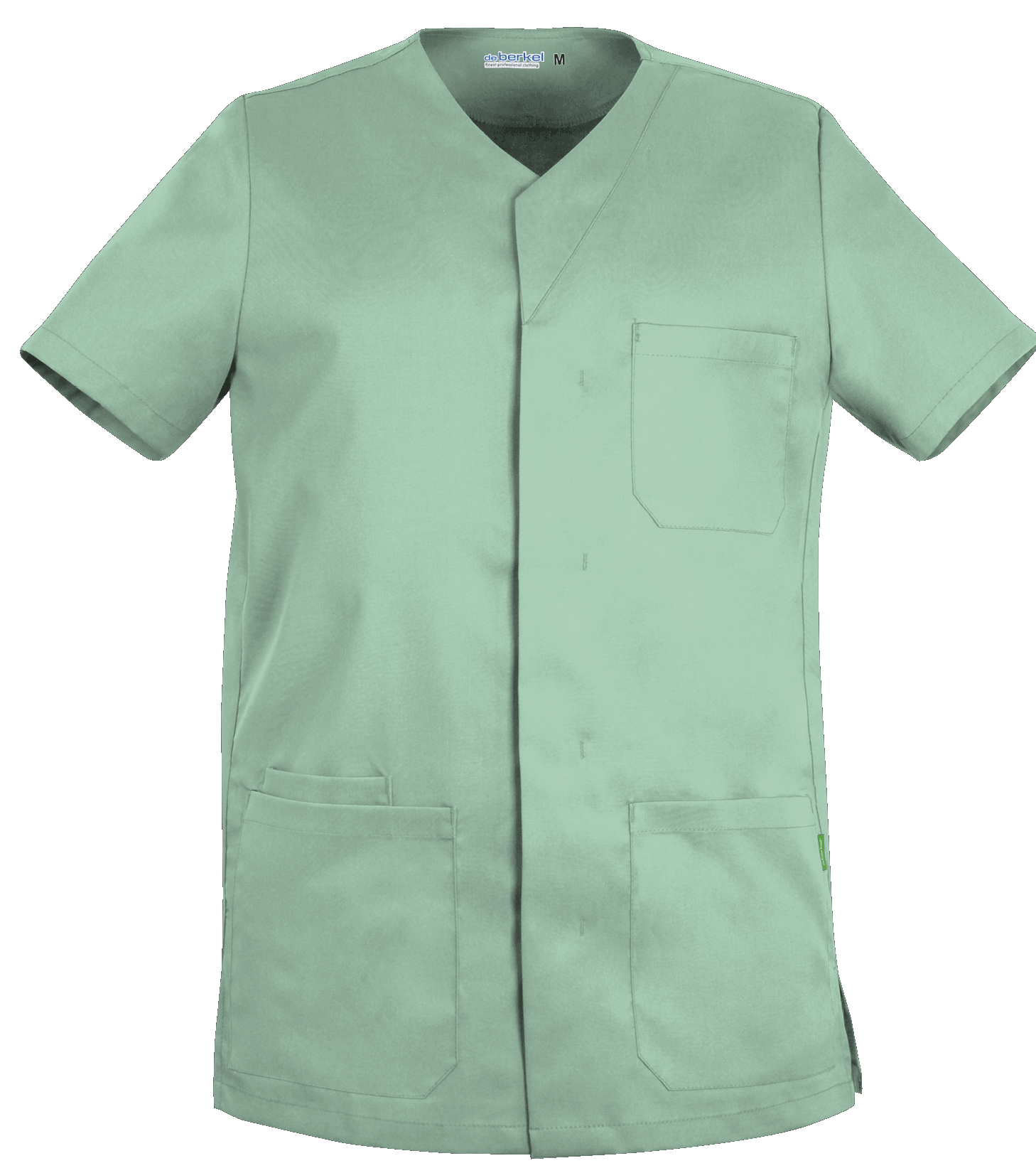 De Berkel LEO unisex jack lichtgroen met korte mouwen, drukknoopsluiting, borstzak en twee voorzakken.