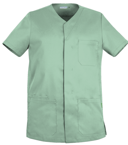 De Berkel LEO unisex jack lichtgroen met korte mouwen, drukknoopsluiting, borstzak en twee voorzakken.