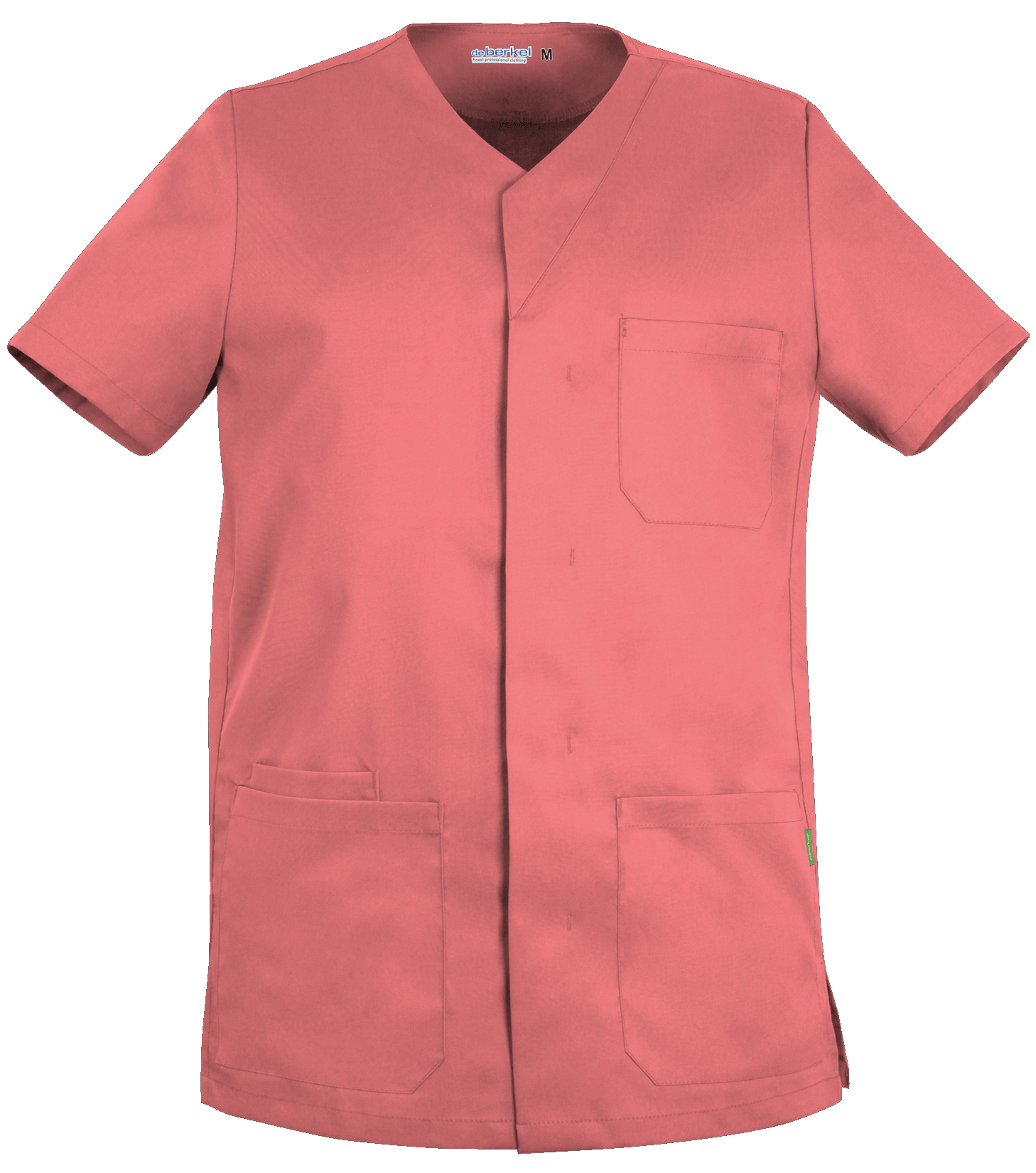 De Berkel LEO unisex jack koraal met V-hals, borstzak en twee heupzakken, korte mouwen.
