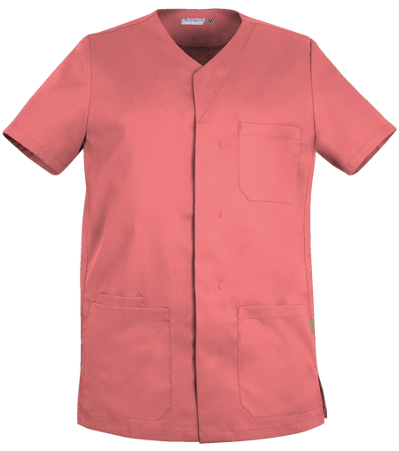 De Berkel LEO unisex jack koraal met V-hals, borstzak en twee heupzakken, korte mouwen.
