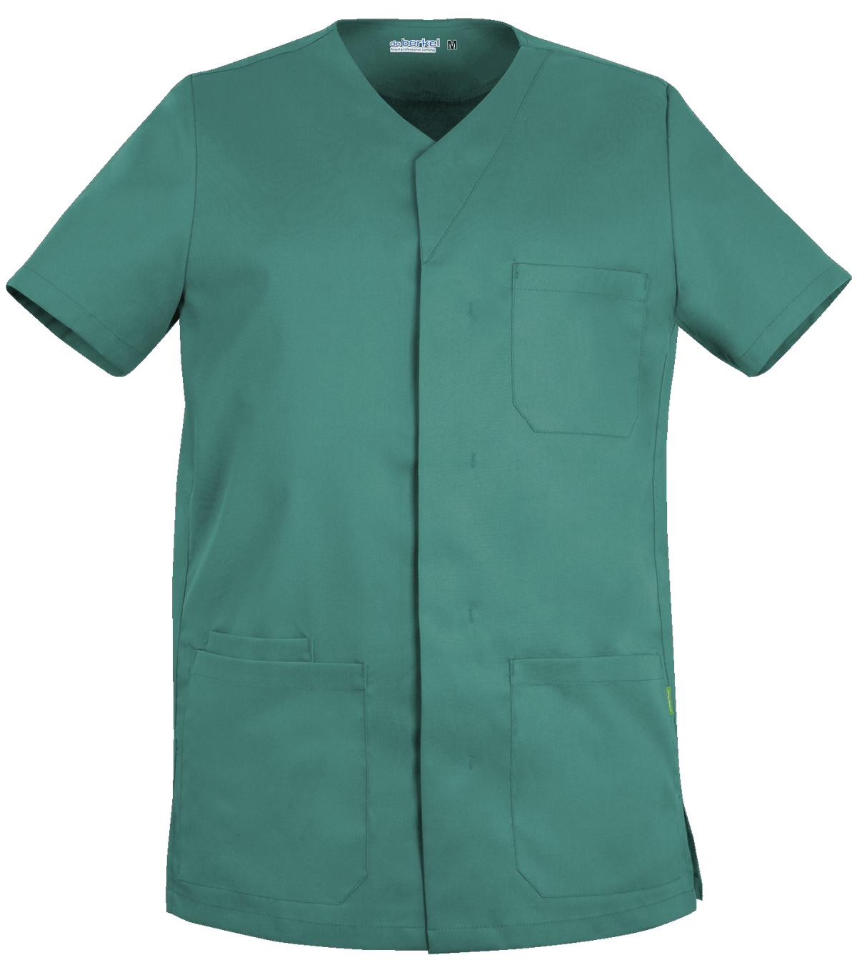 De Berkel LEO unisex jack in petrolgroen met korte mouwen, V-hals, twee grote voorzakken en een borstzak.