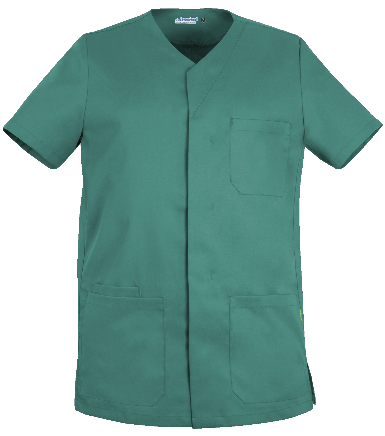 De Berkel LEO unisex jack in petrolgroen met korte mouwen, V-hals, twee grote voorzakken en een borstzak.