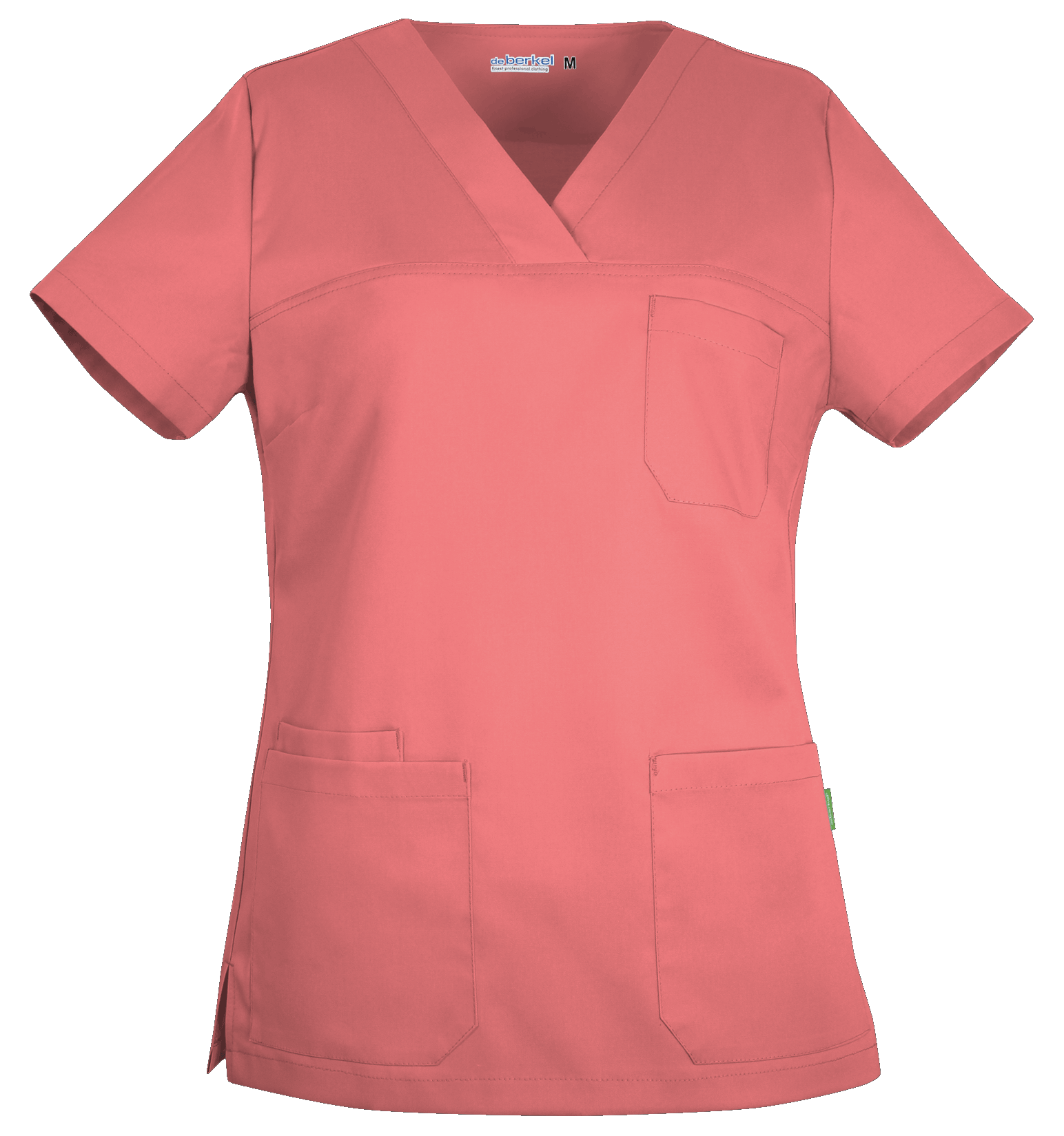 De Berkel MILA dameshes koraal met korte mouwen, V-hals en drie zakken, gemaakt van zacht katoen-polyester.