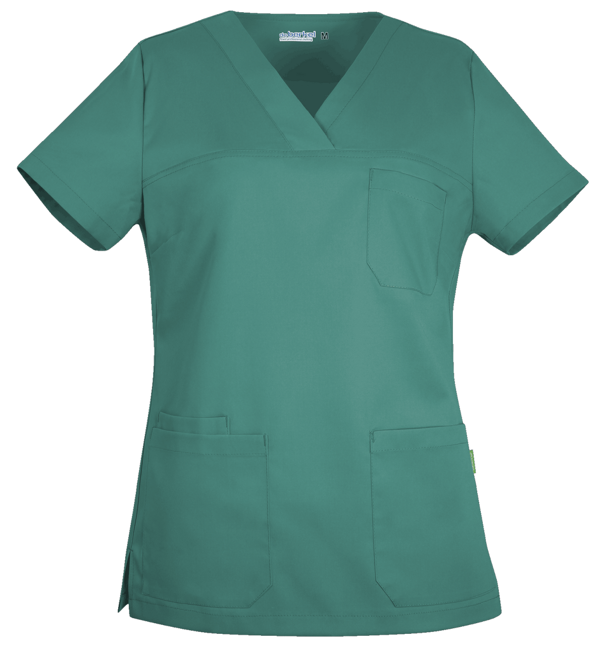 De Berkel MILO unisex hes, petrolgroen, met korte mouwen, borstzak en twee heupzakken, V-hals, comfortabel materiaal.