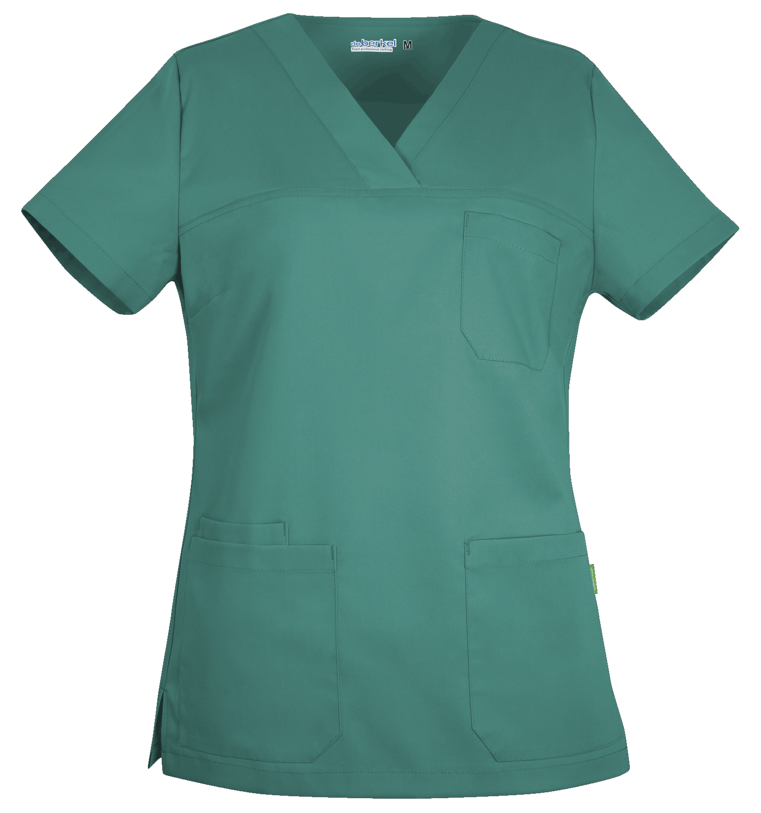 De Berkel MILO unisex hes, petrolgroen, met korte mouwen, borstzak en twee heupzakken, V-hals, comfortabel materiaal.