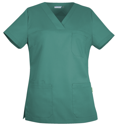 De Berkel MILO unisex hes, petrolgroen, met korte mouwen, borstzak en twee heupzakken, V-hals, comfortabel materiaal.