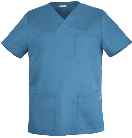 Lichtblauwe De Berkel MILO unisex hes met drie zakken, vervaardigd uit duurzaam materiaal, ideaal voor professioneel gebruik.