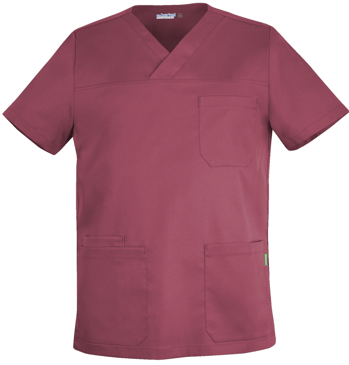 De Berkel MILO unisex hes in berryrood met V-hals, borstzak en twee heupzakken, gemaakt van duurzaam materiaal.