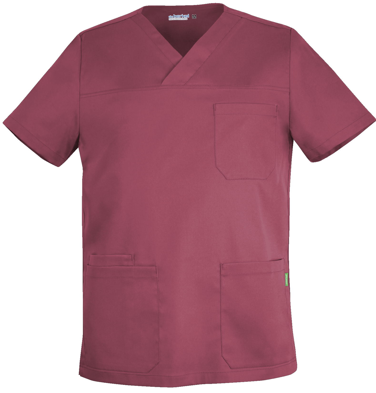 De Berkel MILO unisex hes in berryrood met V-hals, borstzak en twee heupzakken, gemaakt van duurzaam materiaal.