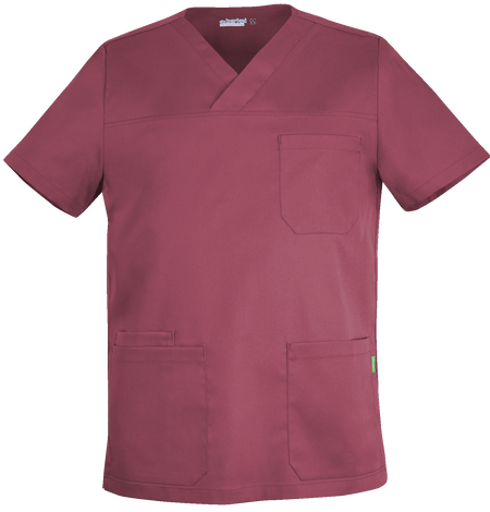 De Berkel MILO unisex hes in berryrood met V-hals, borstzak en twee heupzakken, gemaakt van duurzaam materiaal.