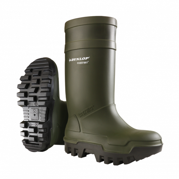Groene Dunlop Purofort Thermo+ werklaars met antislipzool, gemaakt van stevig waterdicht materiaal.