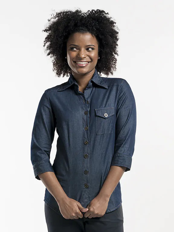 Chaud Devant Blouse Women Blue Denim Stretch 3/4 Sleeve