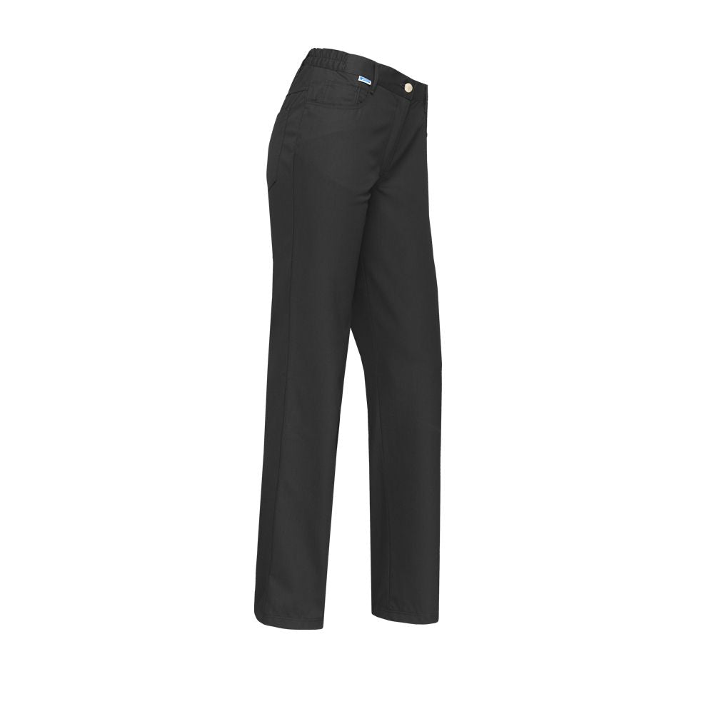 Zwarte damespantalon De Berkel Trijntje met elastische taille en voorzakken, comfortabele pasvorm.