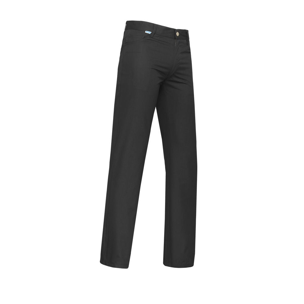 Zwarte De Berkel Toby herenpantalon, rechte pasvorm, zakken en knoopsluiting, gladde stof.