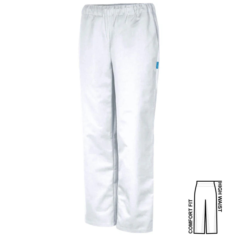 Witte De Berkel FONS unisex comfortbroek met elastische tailleband, hoge taille en rechte pijpen.