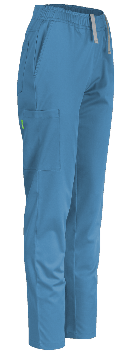 Lichtblauwe De Berkel LYNN dames casual broek met elastische tailleband en zijzakken, striksluiting en gladde stof.
