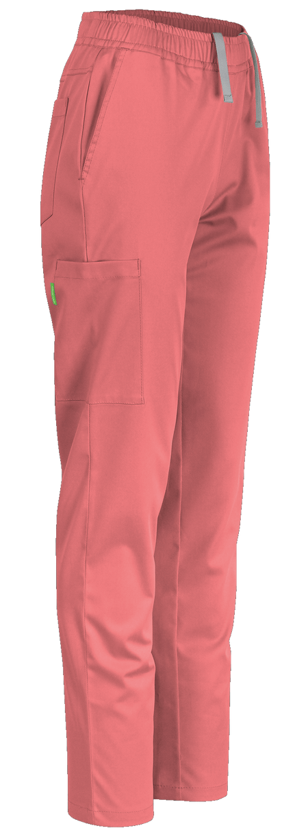 De Berkel LYNN damesbroek koraal met elastische taille, zij- en cargozak, verstelbare tailleband, casual stijl.
