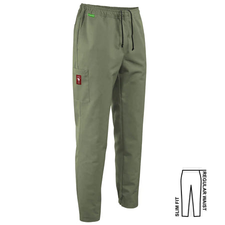 Olijfgroene De Berkel CALEB heren casual broek met elastische taille, zwarte trekkoordjes en zijzak met label.