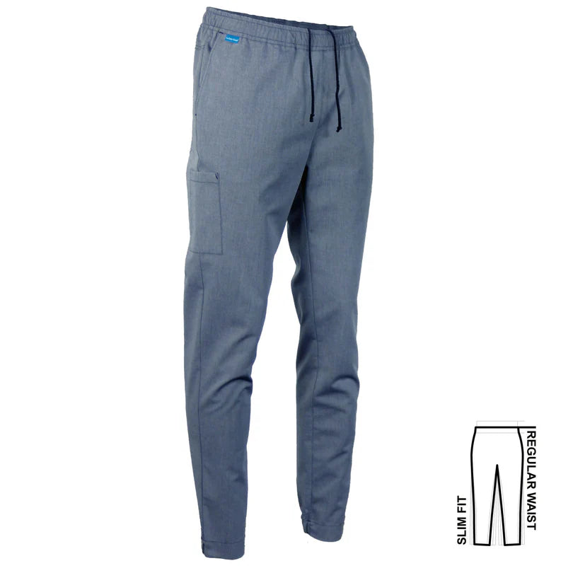 De Berkel CARLA damesbroek marine denim met elastische tailleband, trekkoord en zijzak, casual stijl.