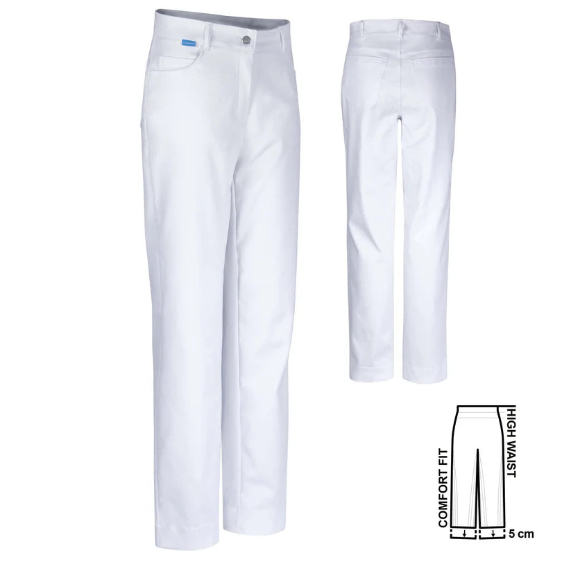 De Berkel JOLINA damesbroek wit, 5-pocket stretch met hoge taille en comfortabele pasvorm, zichtbaar knoop en zakken.