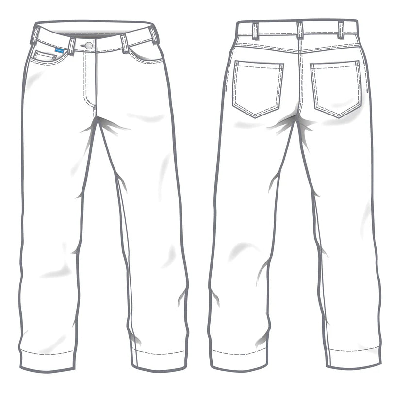 Witte De Berkel JOLINA damesbroek, 5-pocket stijl, stretchmateriaal, voor- en achterzakken, knoopsluiting.