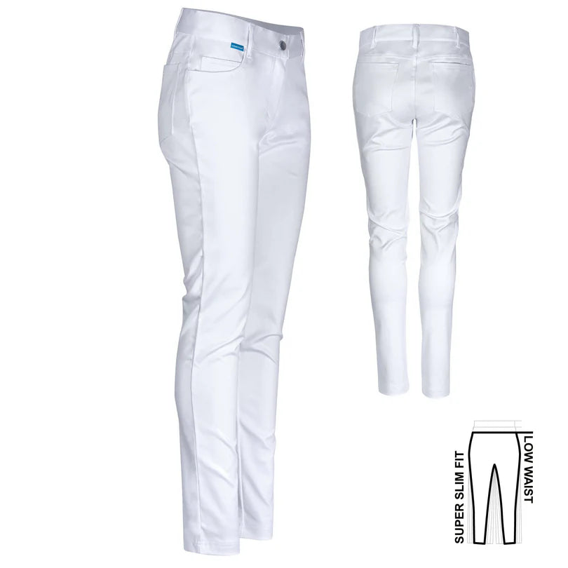 Witte De Berkel JANICE damesbroek, 5-pocket slim fit, stretch, met lage taille en een gladde textuur.