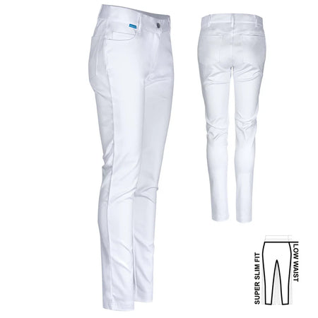 Witte De Berkel JANICE damesbroek, 5-pocket slim fit, stretch, met lage taille en een gladde textuur.