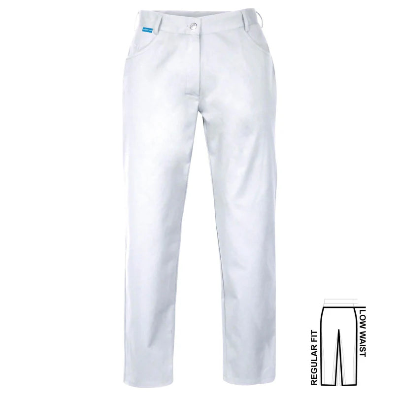 Witte De Berkel HIDDA damesbroek met 5 zakken en knoopsluiting, gemaakt van gladde stof, regular fit en low waist.