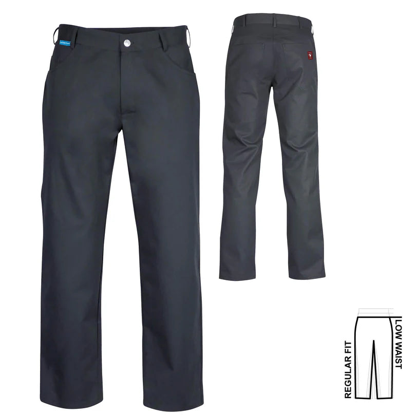 Zwarte De Berkel HILMAR herenbroek met 5 zakken, stevige stof, zilverkleurige knoop, riemlussen en regular fit pasvorm.