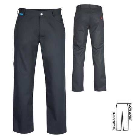 Zwarte De Berkel HILMAR herenbroek met 5 zakken, stevige stof, zilverkleurige knoop, riemlussen en regular fit pasvorm.