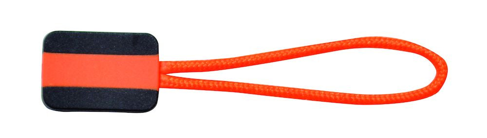 Oranje en zwarte Zipper Puller Printer van reinkebedrijfskleding met rechthoekig ontwerp en nylon lus.